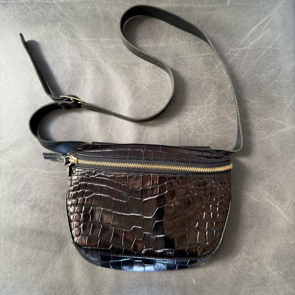 Clare V. Fanny in kalamata (black) croc leather